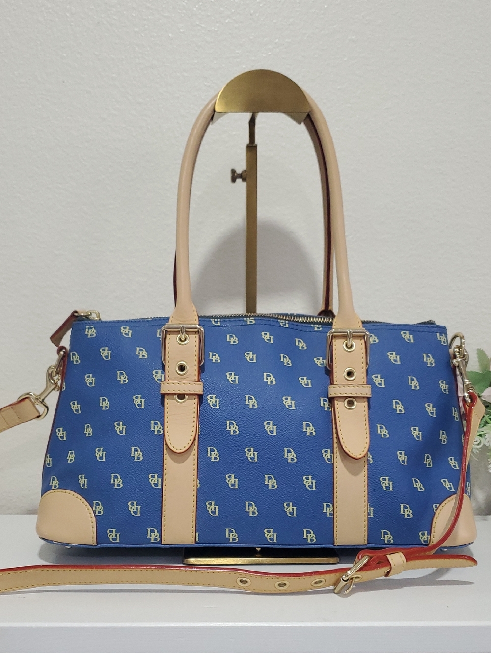 Dooney & Bourke Blue and Tan Monogram Shoulder/Crossbody Satchel Bag💙🤎
